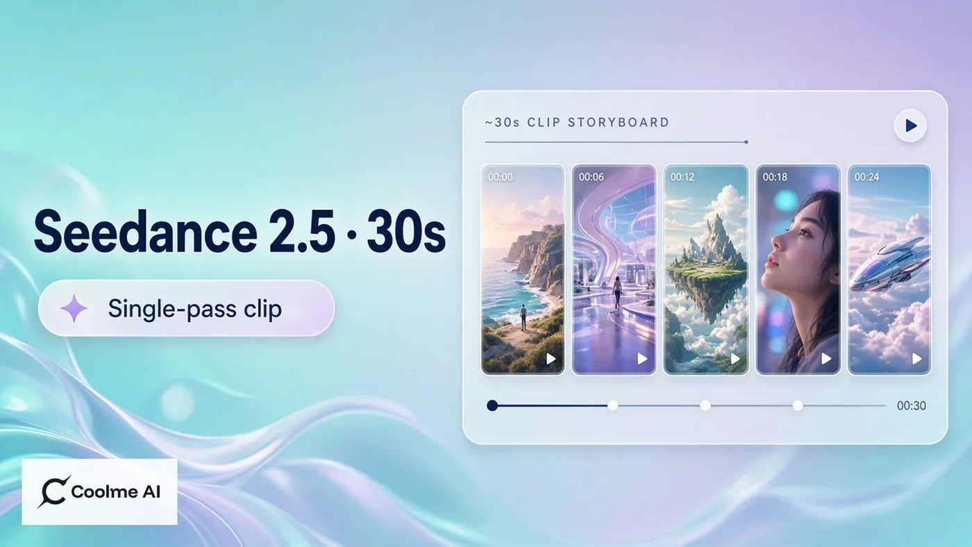 Seedance 2.5: clip tới khoảng 30 giây single-pass trên CoolMe Seedance 2.5: clip tới khoảng 30 giây single-pass