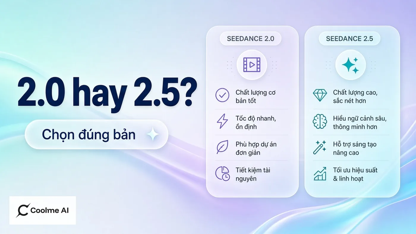 Khi nào dùng Seedance 2.0 hay 2.5 trên CoolMe: khung chọn nhanh Khi nào dùng Seedance 2.0 hay 2.5: khung chọn nhanh